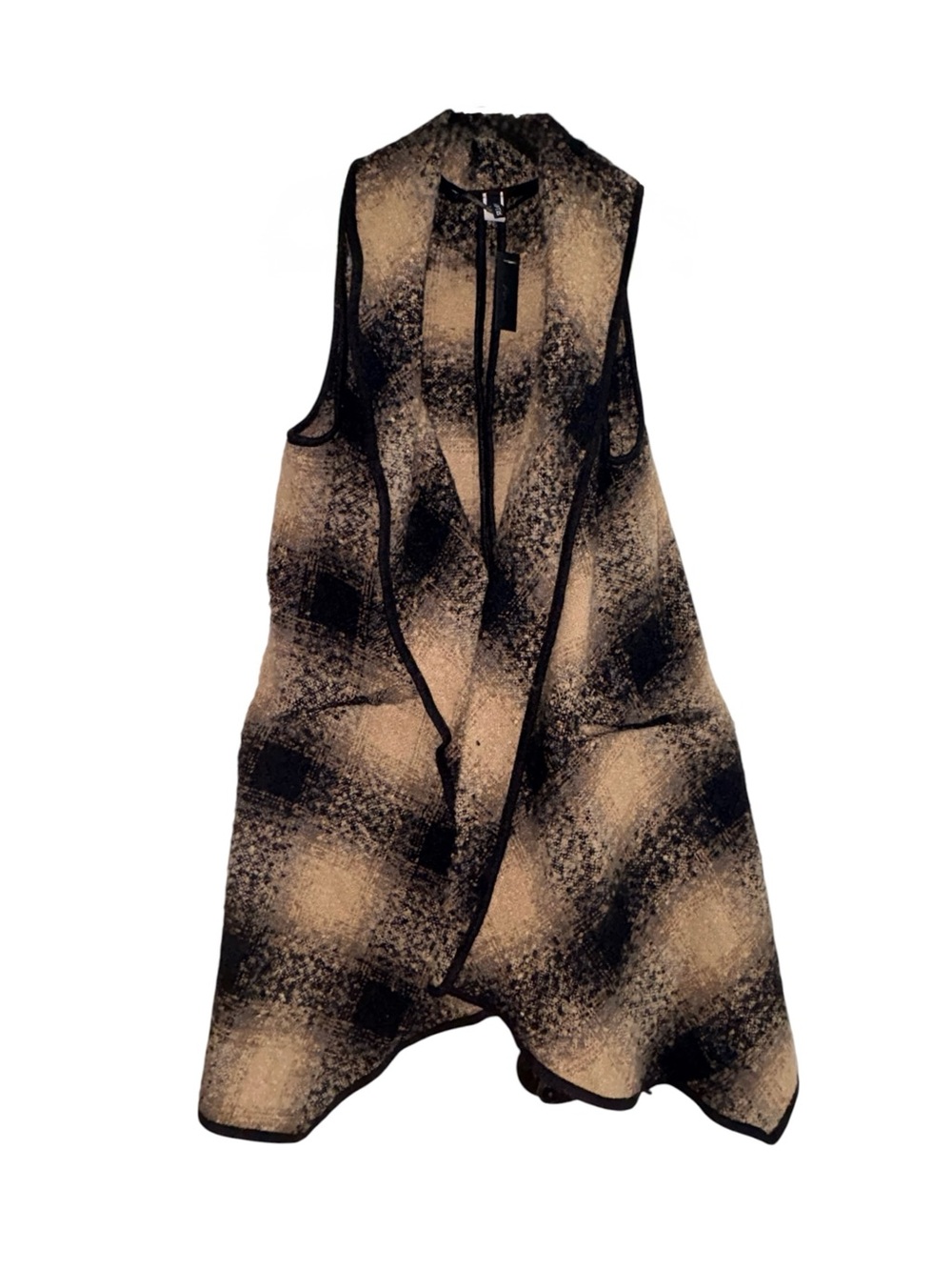 Apt 9 Kohls Plaid Open Front Fuzzy Vest — Tan & Black Draped High-Low Sleeveless